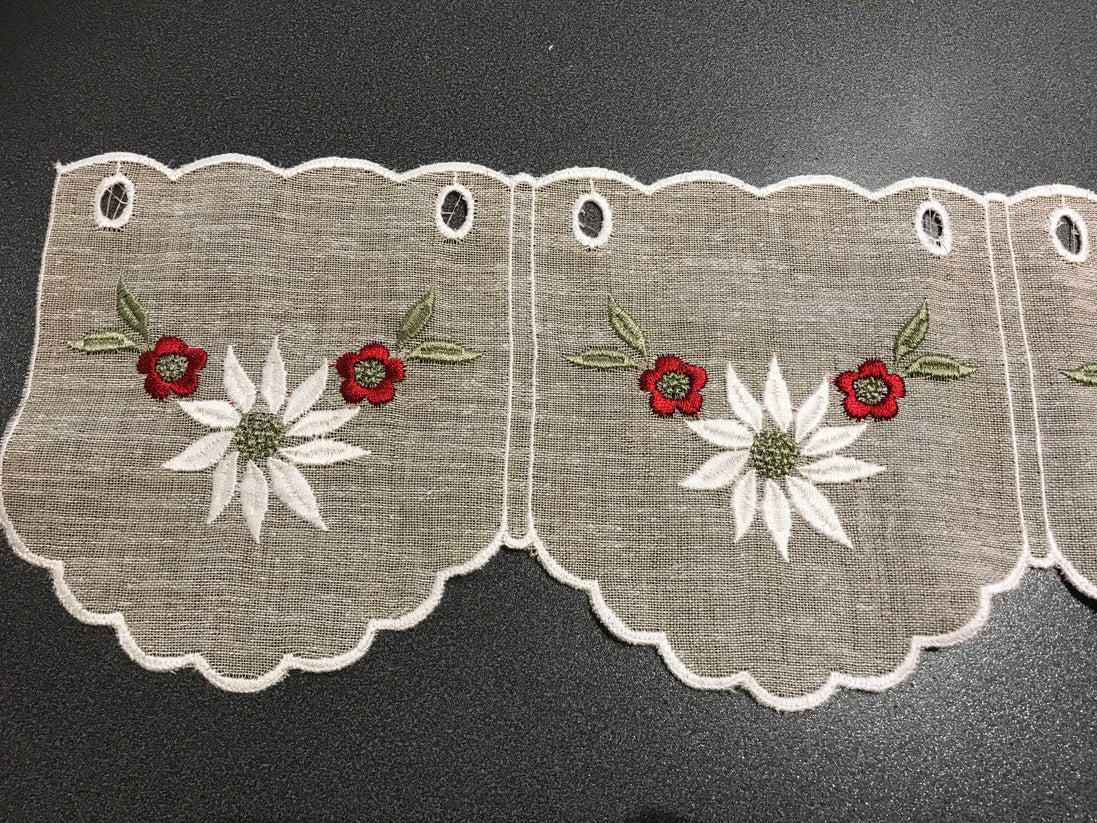Schöner Kurzvorhang mit Alpenblumen Edelweiss in Leinenoptik beige, H 15cm